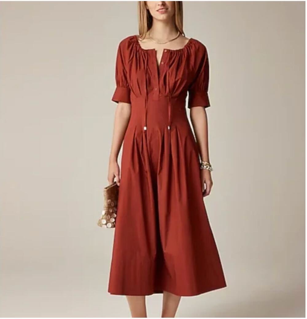 J Crew Cinched Waist Shirt Dress 14 NWT Mahogany Rust Pintuck CK829 Midi J.Crew